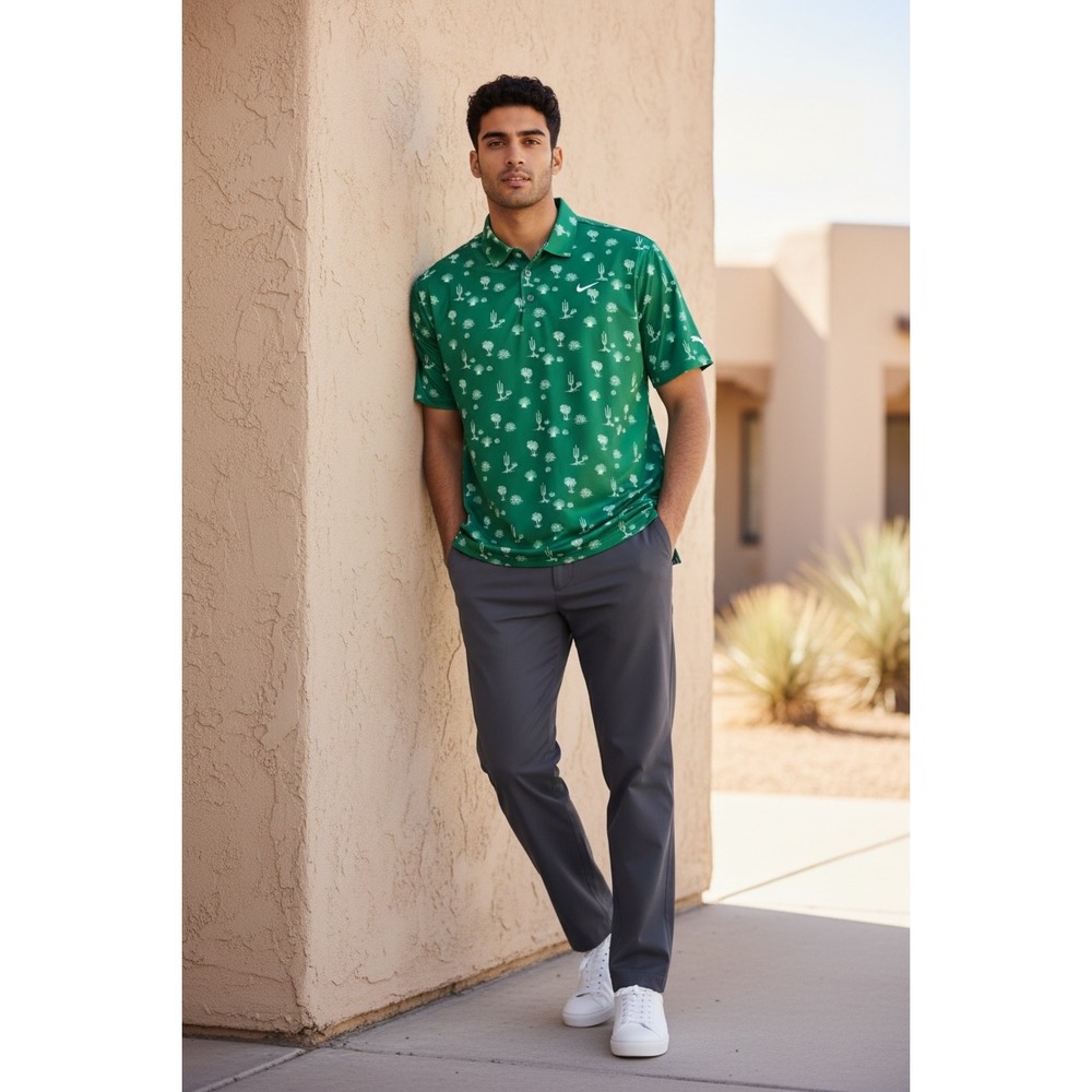 Puma Golf Mens Cactus Desert Print Polo Shirt Green White Large Short Sleeve
